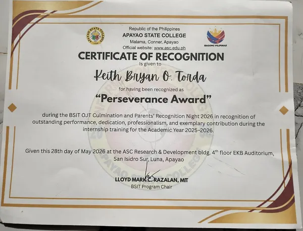 BSIT Perseverance Award Certificate — Apayao State College OJT Internship Culmination