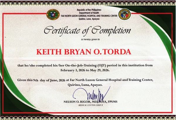 DOH FNLGHTC Hospital OJT Certificate of Completion — Far North Luzon General Hospital and Training Center