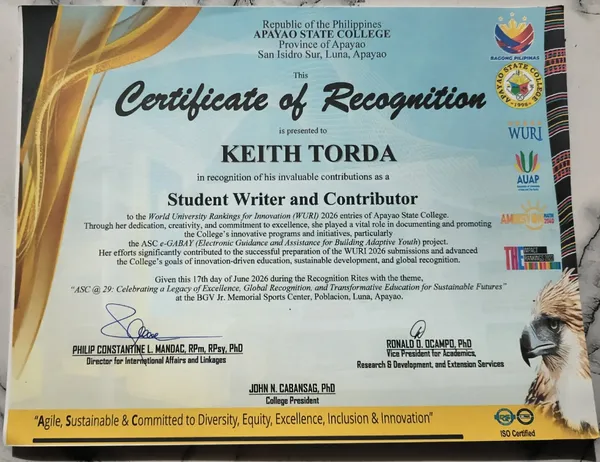 WURI 2026 Certificate — Student Writer and System Contributor for e-GABAY, Apayao State College